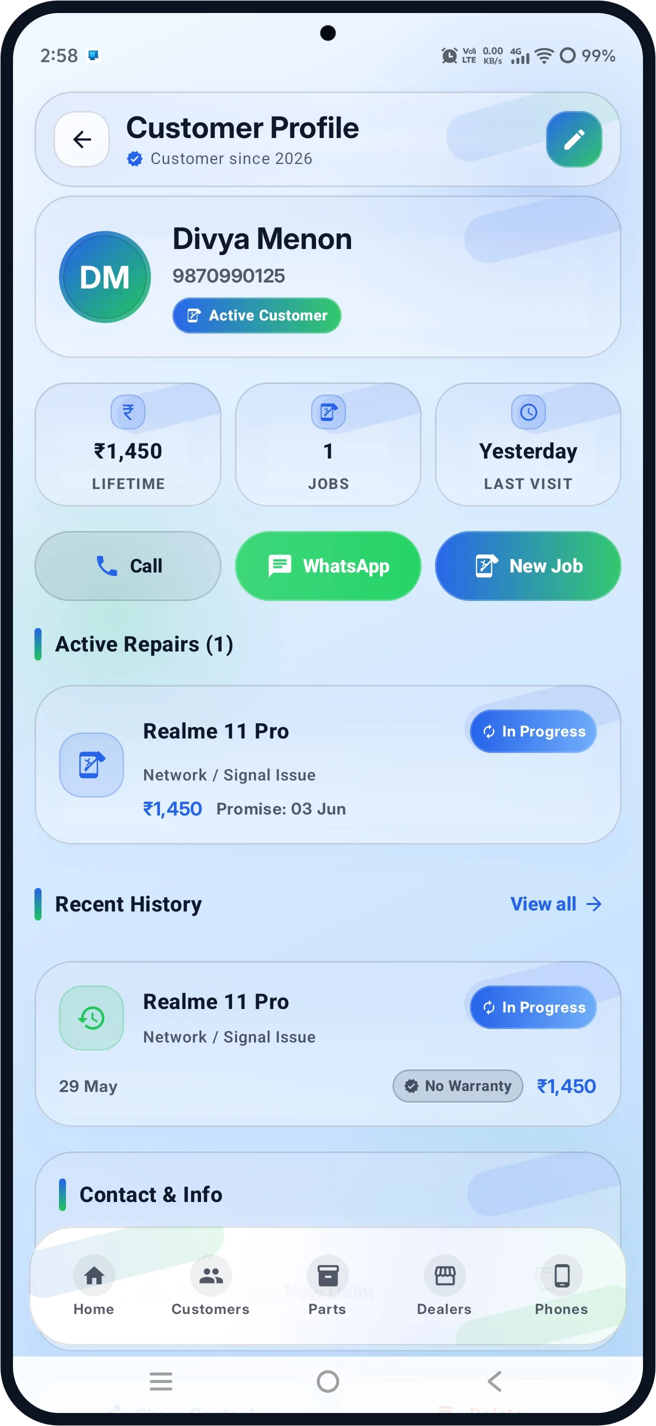 Every customer's full repair history, one tap away.