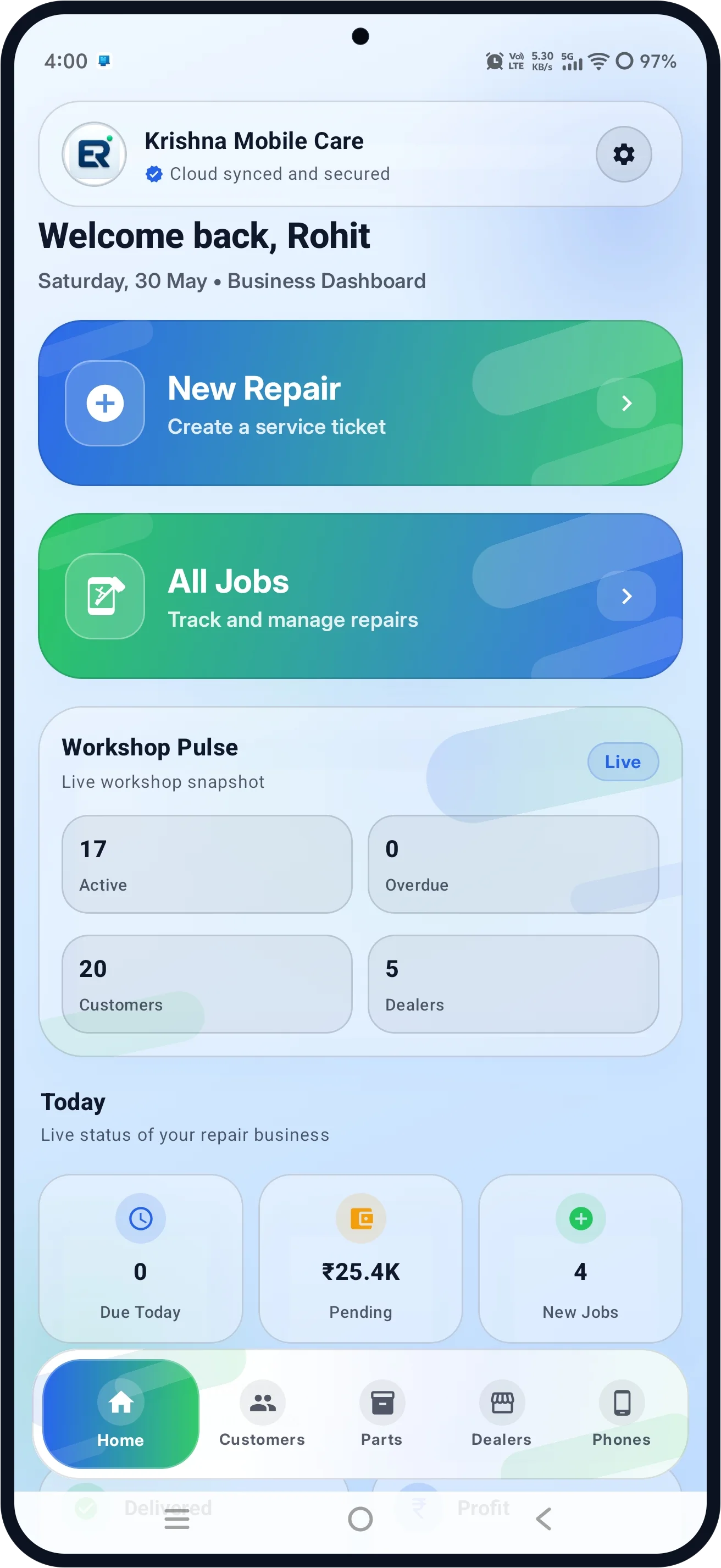 EliteRepairPro dashboard — Workshop Pulse, today's profit, and pending balances at a glance