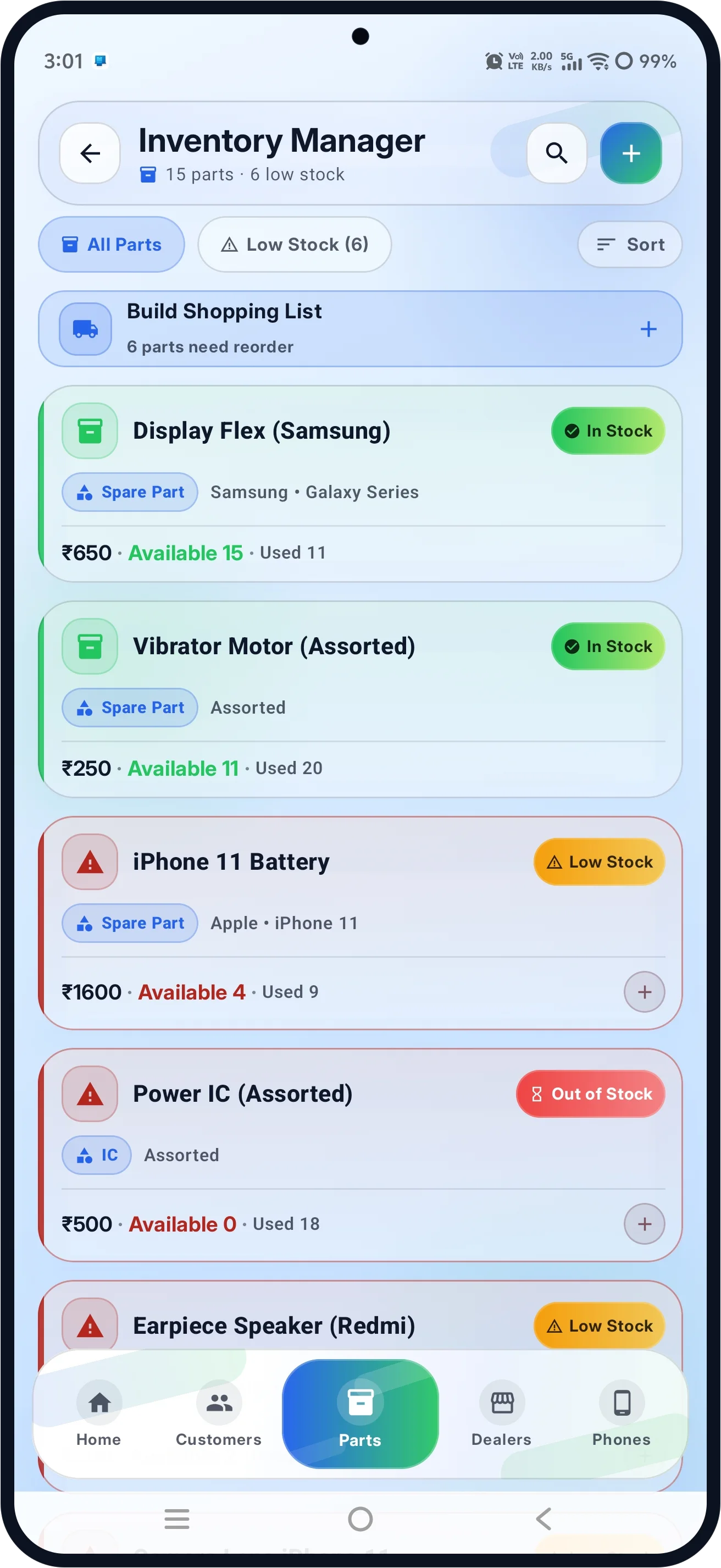 Parts auto-deduct on use, with low-stock alerts.