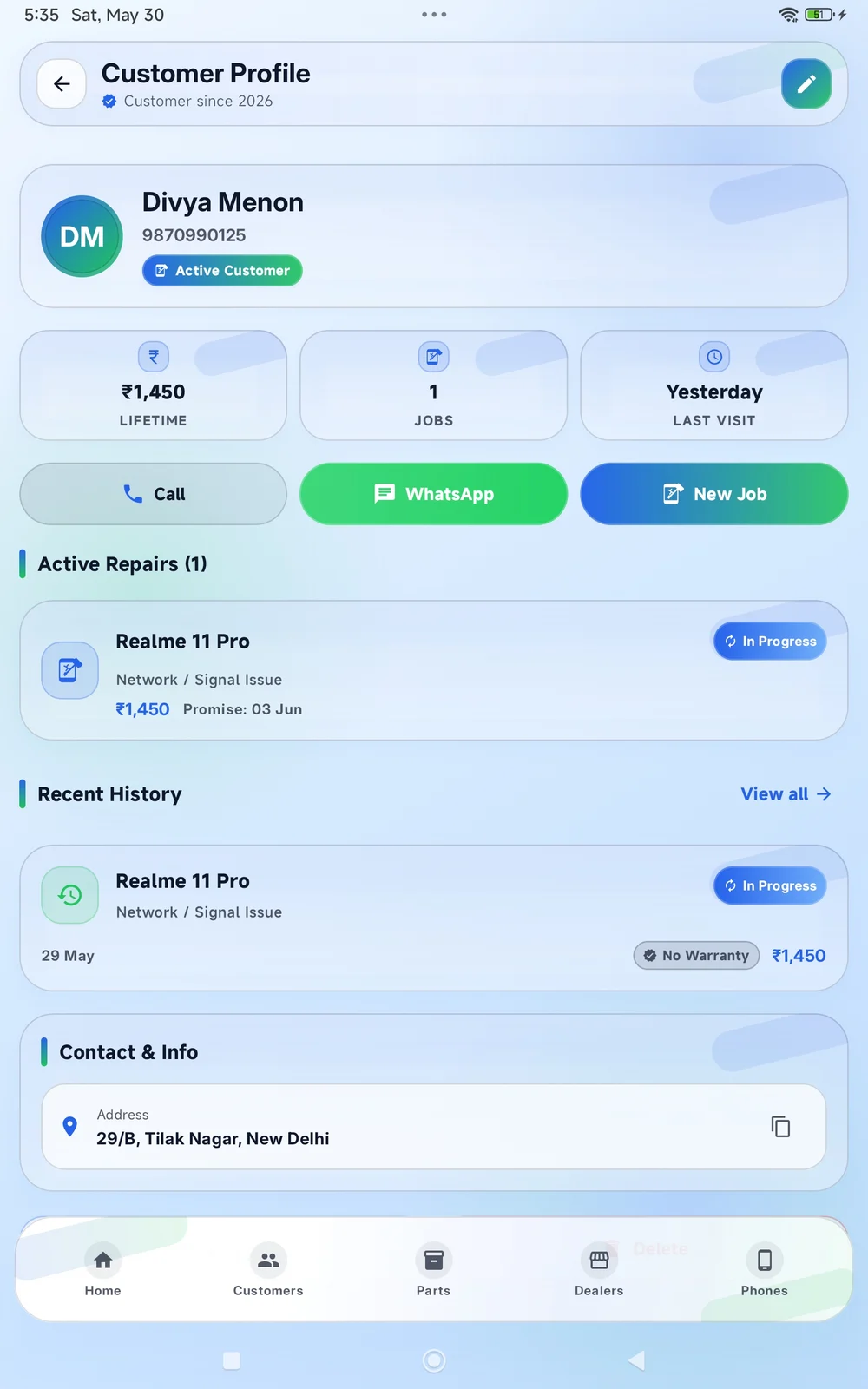 Customer profile and history, side by side.