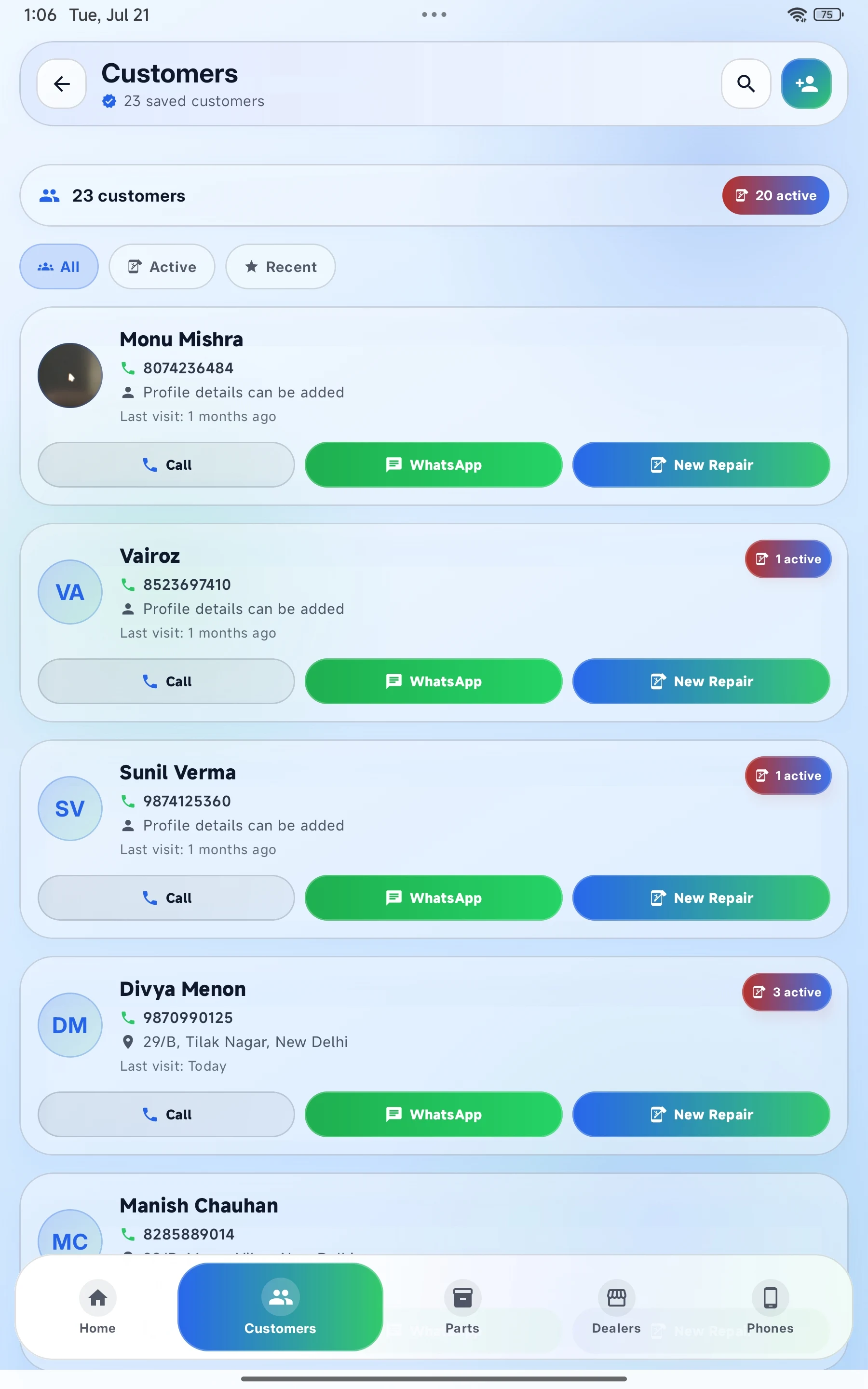 Call, WhatsApp or start a job straight from the list.